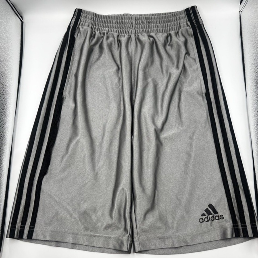 Y2K Adidas Men's Small Shiny Silver Grey Black 3-Stripe Basketball Shorts
